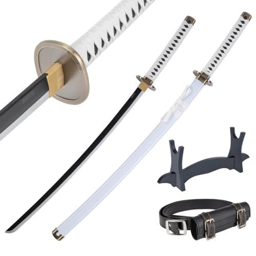 Deko Katana Schwert Holz 77 cm mit Gürtel und Ständer - Cosplay Anime Schwerter für Kostüme und LARP - Wakizashi Kurzschwert - Holzschwert aus Bambusholz (Nicht Scharf)