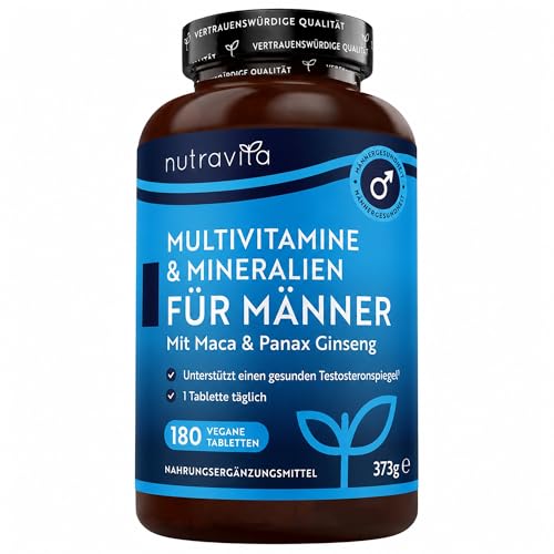 Nutravita Multivitamine & Mineralien für Männer - 180 Vegane Multivitamin Tabletten - 25 Vitamine & Mineralstoffe mit Maca, Panax Ginseng & Vitamin B12 - Multivitamin Tabletten Hochdosiert