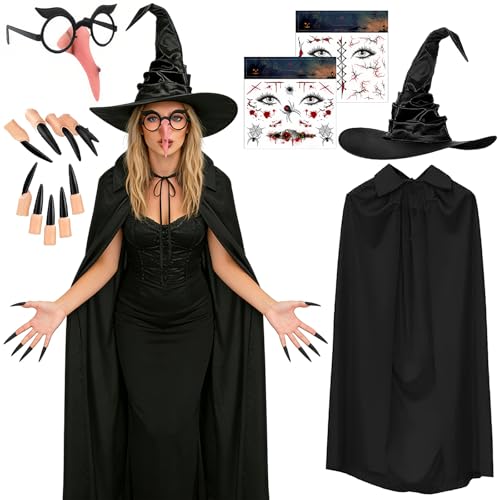 DIANLIANG Faschingskostüme Damen Hexe Karneval Hexen Kostüm Damen mit Hexenhut Hexenumhang Lange Nägel Hexe Gesichtstattoo Hexenkostüm Cosplay