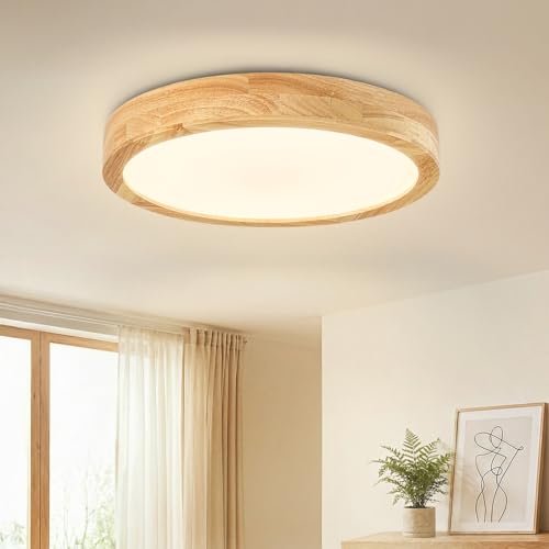 Dehobo LED Deckenleuchte 24W Rund ∅30cm, Moderne Deckenlampe Holz sandweiß, 4500K Naturlicht Ra src=