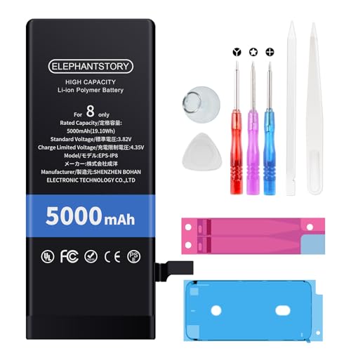 Elephantstory für iPhone 8 Akku, 5000 mAh Hohe Kapazität Ersatzakku Lithium Polymer Akku für Modell A1863 A1905 A1906 mit Reparatur Werkzeugsatz und Anleitung Buch
