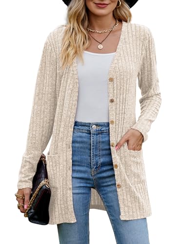 MYCOLORBLUE Alte Zeiten Strickjacken für Damen Elegant Cardigan Gerippt Langarm Knopfleiste mit Taschen Strickcardigan Beige XL