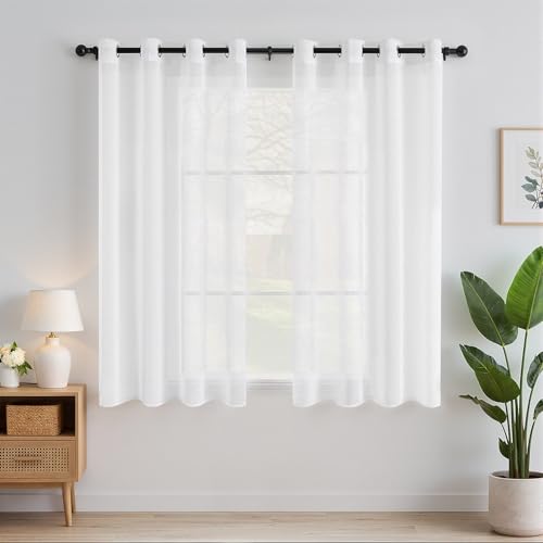 EMEMA 2er Set Sheer Voile Vorhang mit Ösen Transparente Gardine aus Voile Polyester Ösenschal Transparent Wohnzimmer Luftig Dekoschal für Schlafzimmer 140 X 145 cm (B x H) Weiß