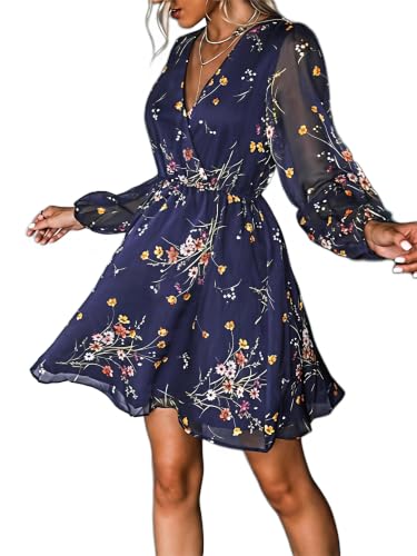 Falafoty Damen Kleid V Ausschnitt Langarm Blumenmuster A Linie Freizeitkleider, Wickeloptik Mini Dress, Bohemien Swing Knielang Kleid (DE/NL/SE/PL, Alphanumerisch, L, Regular, Regular, Blau)