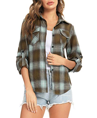 Enjoyoself Damen Flanellhemd Langarm Holzfäller Hemden 100% Baumwolle Button-down Karierte Bluse für Frühling Herbst braun+grün,XL