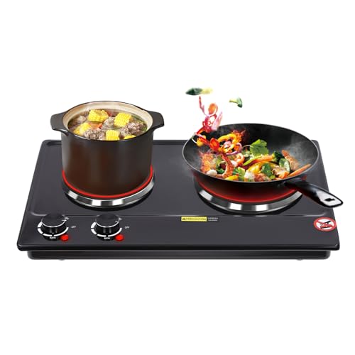 Infrarot Kochplatte 2er 1500W+1000W, Tragbare Doppelkochplatte, elektrisch kochplatten mit Thermostat & Überhitzungsschutz, für Camping, Wohnung, Alle Topfarten