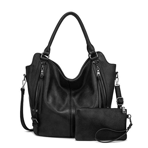 Realer Damen Handtaschen Groß Shopper Schultertasche Umhängetasche Geldbörse Hobo Damen Taschen Set für Büro Schule Einkauf Reise 2pcs Schwarz