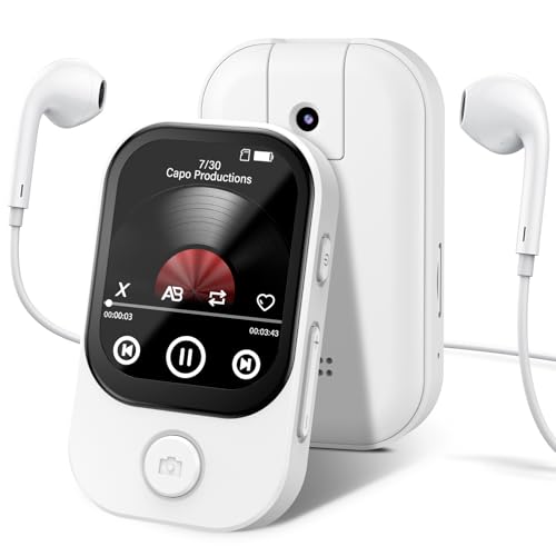 RWSRW 64GB MP3 Player Bluetooth 5.4 mit 180° Aufklappbar Kamera, Mini Musik Player HD Lautsprecher FM Radio Fotoalbum Ideal HiFi-Sound E-Book Reader, Sport Schrittzähler, Weiß