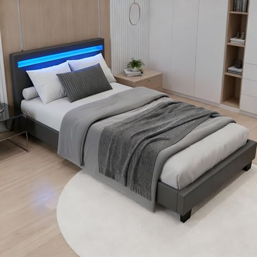 Juskys Polsterbett Paris 90x200 cm mit LED-Beleuchtung, Lattenrost & Kopfteil, Bett mit Gestell aus Holz & Webstoff Bezug, grau