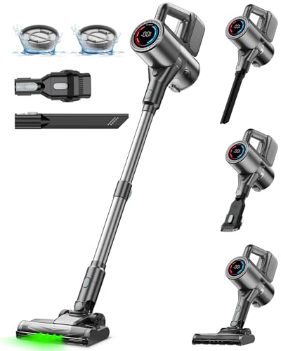 VersLife Akku Staubsauger Kabellos, 500W/45KPA Stabstaubsauger mit LED-Display und grüne Frontleuchten bis zu 45 Min. Laufzeit, selbstständig stehender Staubsauger für Hartböden,Teppiche, Grau