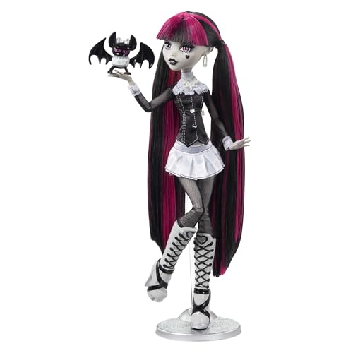 Monster High-Puppe Draculaura in Schwarzweiß, Reel-Drama-Sammlerpuppe, Poster in Puppengröße und Lebensgröße, Horrorfilm-Design, Spielzeug und Geschenke, HKN27