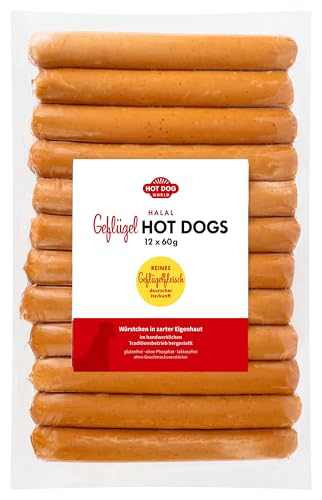 HOT DOG WORLD - Premium Halal Geflügel Hot Dog Würstchen 60 g, 12er Pack, in Metzgerei-Handwerksqualität