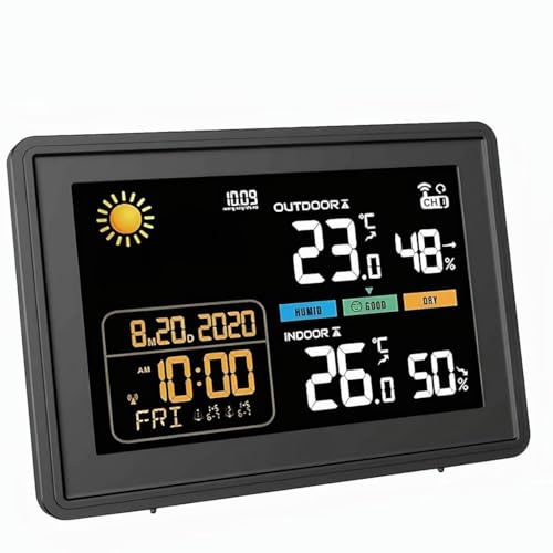 5,9 Zoll Wetterstation funk mit Außensensor 2025 Versionen VA-Display Kabellos DCF Funkuhr Wetter station mit Farbdisplay Empfangssignal Funkuhr Innen und Außentemperatur mit DC Netzteil Schwarz