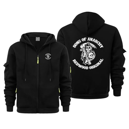 ZQSLFCCW Leichter Kapuzenpullover mit Reißverschluss für Herren - Pulloverjacke für Anarchy Sons aus weichem Fleece mit Kängurutasche Atmungsaktive bequeme Passform und Herbstkleidung(Black,3XL)