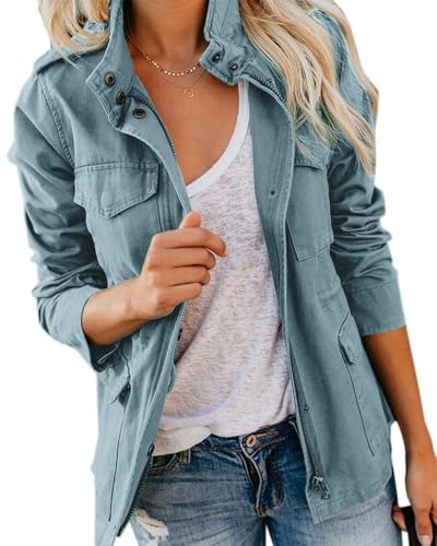 Imily Bela Damen Jacke Sommer Leichte Mantel Parka,blau-grau,M
