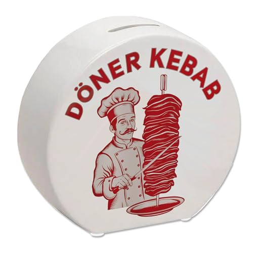 Döner Kebab Logo Trinkgeld Spardose Die perfekte Dönerkasse für Ihren Dönerladen witziges Design mit Koch und Schnurrbart Rot-Weiß mit Fleischspieß-Dekor
