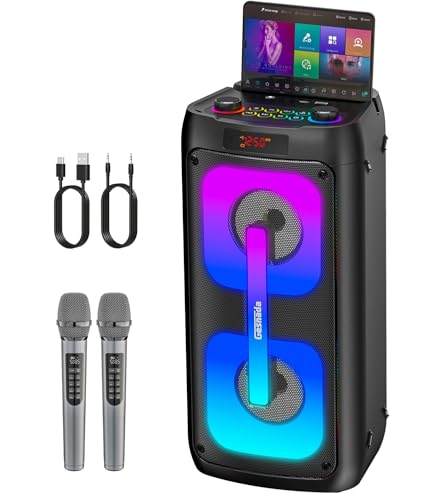 Karaoke-Maschine mit 2 Mikrofonen, tragbare Bluetooth-Karaoke-Anlage mit LED-Beleuchtung, PA-System, ideal für Homepartys und Outdoor, unterstützt USB/TF/AUX