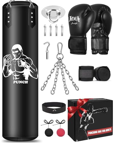 NZQXJXZ Boxsack Hängend Set, Ungefüllt 120cm Boxsack Erwachsene mit Einer vollständigen Palette von Zubehör, Microfiber Leder schwere Tasche für das Training Kickboxen Fitness MMA Grappling Muay Thai