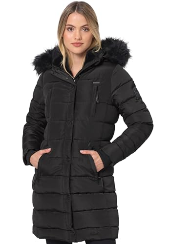 Navahoo Winterjacke Damen - Wasserabweisend, Warm, Kapuze, Winddicht - Wintermantel Lang, Mantel Frauen, Teddyfell gefüttert - Stehkragen, 7 Taschen, verlängerter Zipper - Schwarz M