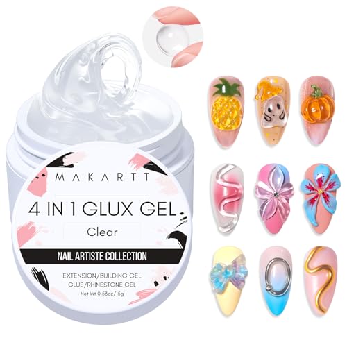 Makartt Aufbaugel für Gelnägel- 4 in 1 3D Gel Nail Art für Rhinestone Glue Nagelverlängerung und Modellage, Klar Antihaft hartes Gel für skulptur, UV/LED Lampe Erforderlich 15ml