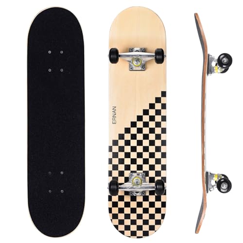ERNAN Skateboard 31x8 Zoll Komplette für Kinder Jugendliche Erwachsene, komplettes Standard-Skateboards, 7 Schichten Ahorn-Deck, konkaves Skateboard (Wooden Plaid)