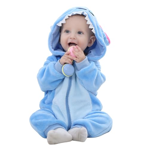 Baby Overall Winter Baby Strampler Warm Flanell Dinosaurier Einhorn Kostüme für Baby, Cute Onesie Schlafanzug Kapuze Kinder Pyjamas Schlafsack mit Ärmel Füßen Blau 90(12-18 Monate)