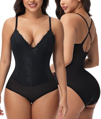 SHAPERIN Sptize Formend Bodys Damen Shapewear Bauchweg mit Bügel Tiefer Rücken Body Shaper Korsett Miederbody V-Ausschnitt Spitzenbody Schwarz 1# S