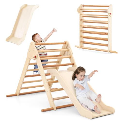 COSTWAY Kletterdreieck mit Rutsche, 3 in 1 Klettergerüst Indoor klappbar, Sprossendreieck Holz, zum Rutschen und Klettern, für Kinder ab 1 Jahr (Natur)