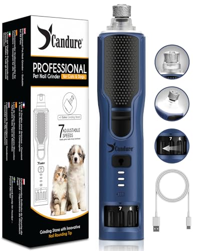 Candure Krallenschleifer für Hunde bis zu 7-Gang Hundepfoten Trimmer, Geräuscharmer Wiederaufladbarer Haustier Krallenschleifer mit 360° LED-Lichtern (Marineblau, Für alle Haustiergrößen)