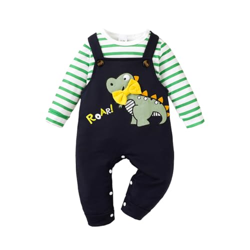 UUAISSO Baby Kleidung für Jungen Langärmelig Gestreiftes Oberteil Dinosaurier Aufdruck Overall Verstellbare Hosenträger Grün 3-6 Monate