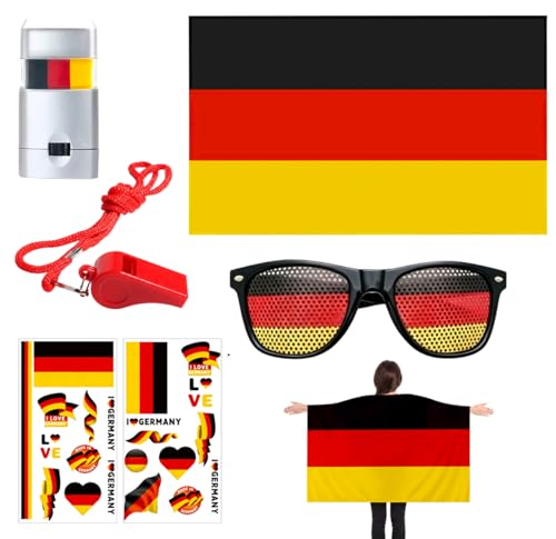 6-teiliges Deutschland Fanartikel Set, Zubehör mit Brille, Flagge mit Armstulpen, Gesichtsschminkaufkleber und Pfeife, perfekte Fußball-Deko für Fußballpartys
