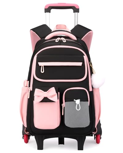 Amythe Schulrucksack Mädchen mit Rollen, Abnehmbar Schulranzen Trolley | 28L Schultasche Teenager mit Rollen, 6 Räder Lässiger Rucksack Kinder für Schule Reisen, Schwarz Rosa