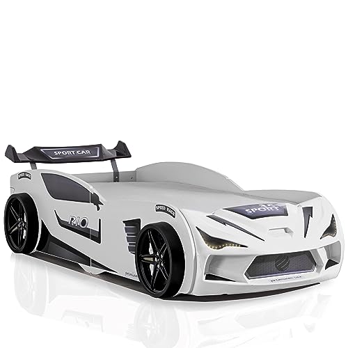 Aileenstore Autobett Kinder Kinderbett Rio 90x200 Rennwagenbett inkl. Lattenrost LED-Leuchte Spoiler (ohne Matratze, Weiß ohne Sportsitze)