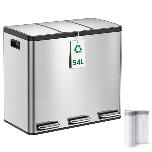 YEAUPE PRO Mülleimer Küche 3 x18L Edelstahl, 3 Fach Treteimer 54L Mülltrennungssystem, Abfalleimer mit Soft Close Deckel,herausnehmbaren Inneneimern, Küchenabfalleimer inkl. 15 Müllbeutel