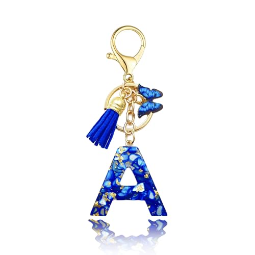 Schlüsselanhänger personalisiert Buchstabe mädchen geschenk Frauen Schlüsselanhänger keychain mit Anfangsbuchstaben Schmetterling Quaste Rosa Blau Golden für Geldbeutel Handtaschen Schultasche auto