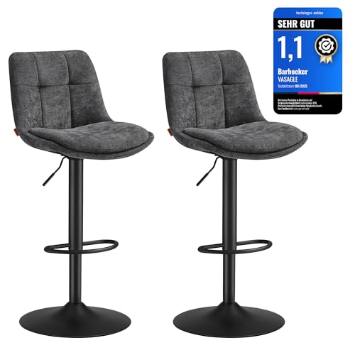 VASAGLE Barhocker 2er Set, Barstühle höhenverstellbar, drehbare Küchenhocker, mit Rückenlehne und Fußstütze, Esszimmer, Theke, Stahl, schiefergrau LJB195G02