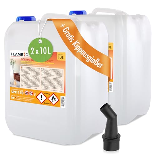 Höfer Chemie Bioethanol 96,6% Premium 2 x 10 L - Ethanol für Tischkamin, Kamin & Gartendeko für Draußen - Rauch- und Rußfrei - Aus Mais & Zuckerrüben