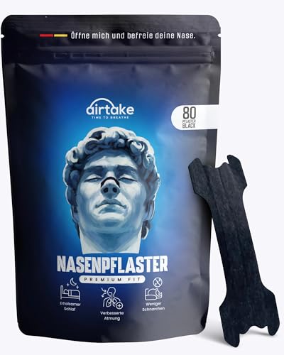 Airtake - 80 Premium Nasenpflaster – neue Spezial-Technologie & extra starker Kleber – Nasal Strips/Nasenspreizer freie Atmung & besseren Schlaf Anti Schnarch Nose Strips (Schwarz 80 Stück)