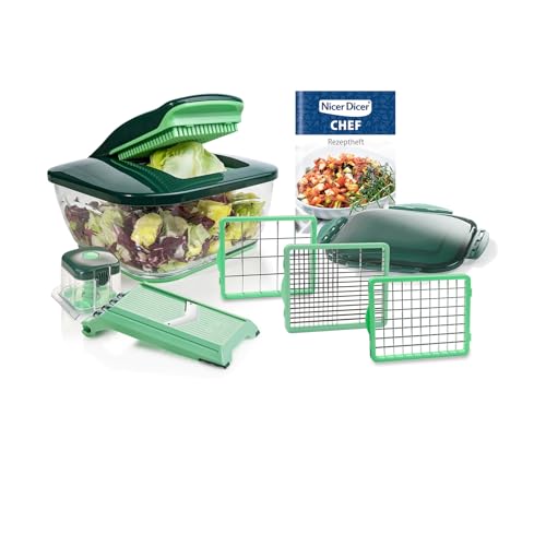 Genius Nicer Dicer Chef Gemüseschneider Gemüsehobel 10.tlg, Küche Helfer als Zwiebelschneider, Salatschneider, Würfelschneider Pommesschneider Wellenschneider, Multizerkleiner Obst Gemüse mit Rezept