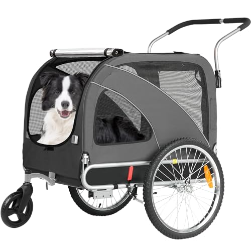 Fiximaster XL Hundeanhänger Fahrrad & Jogger 2-in-1 mit Handbremse und Reflektoren, stabiles 600D Oxford-Gewebe, Hundetransporter bis 40 kg (Grau)