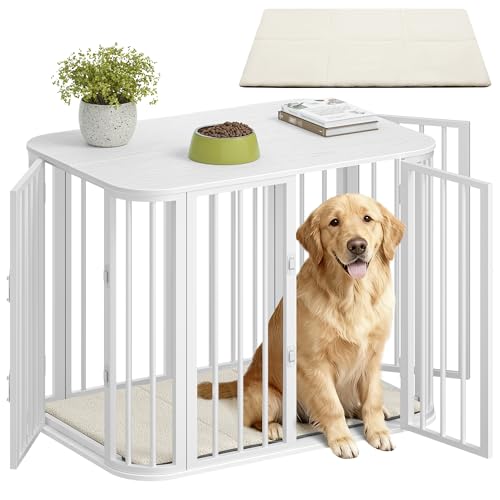 Hzuaneri Hundekäfig Möbel, Hundebox mit Weichem Kissen, Modernes Mehrtür-Design, Beistelltisch für Hochbelastbar Hundekäfige aus Holz, Geeignet für Große Hunde, 108 x 66 x 77,5 cm, Weiß DFC86713W