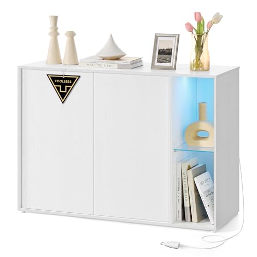 SONGMICS HOME Sideboard, superschnelle werkzeuglose Montage, Toolless-Technologie, Aufbewahrungsschrank Wohnzimmer, TV-Schrank mit LED-Beleuchtung, verstellbare Ablagen, Modern, schneeweiß BBK372W01