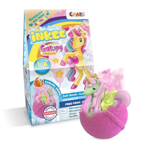 INKEE Galupy Unicorn Überraschungsbadebombe, Einhorn-Figur, Karamellduft