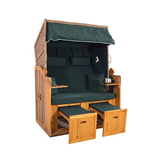 2-Sitzer Natur Ostseestrandkorb Hörnum - Strandkorb Volllieger mit ausziehbaren Fußablagen – inkl. Nackenkissen und Kuschelkissen Set (Uni, Grün)