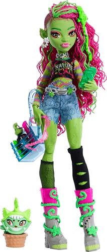 Monster High Venus McFlytrap-Puppe mit Pflanzenmonstertier Katze Chewlian und Zubehör wie Rucksack, Notizbuch, Snacks und mehr, HRP81