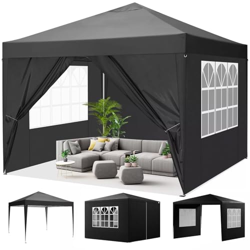KANWOD Pavillon 3x3 m TORM, Partyzelt Wasserdicht von 9m² mit 4 Seitenwänden und 3 Fenstern, Faltpavillon Stabil für Events, Hochzeit, Garten, Marktstand, Flohmarkt, Grillpavillon mit UV