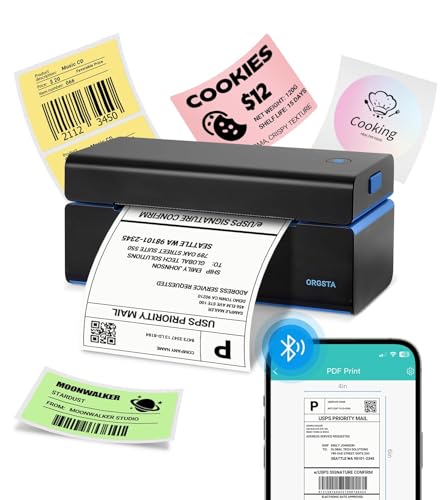 ORGSTA DHL Etikettendrucker Thermodrucker Selbstklebend Labeldrucker Versandetiketten Drucker 4x6 Kabelloser Bluetooth 20–110 mm Label Printer für PC und Smartphone Versand, DHL, UPS