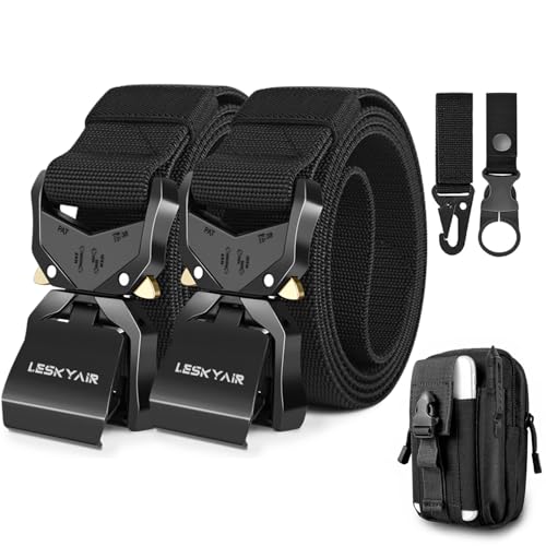 Leskyair 2er Herren Taktischer Gürtel 1,5-Zoll-Hochleistungsgürtel, Nylon Schnellverschluss-Metallschnalle, Geschenk mit taktischem Molle-Beutel und Haken (Schwarz + Schwarz)