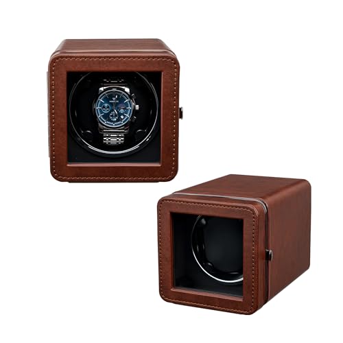 Mcbazel Automatischer Uhrenbeweger mit LED-Beleuchtung – Elegante Uhrenbox aus PU-Leder für Uhr, Leiser Motor, 4 Rotationsmodi, Rechteckige Uhrenaufbewahrung – Braun