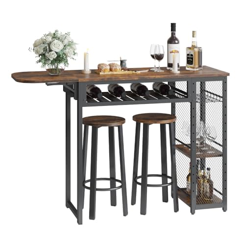 Bartisch Set, Tresentisch mit 2 Barhocker, Esstisch Stehtisch mit Weinglashalter & Ablage, Küchentisch im Industrie-Stil, Stehtisch für Bar, Bistro & Wohnzimmer (Braun)